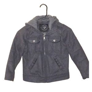 Young boy hooded coat.